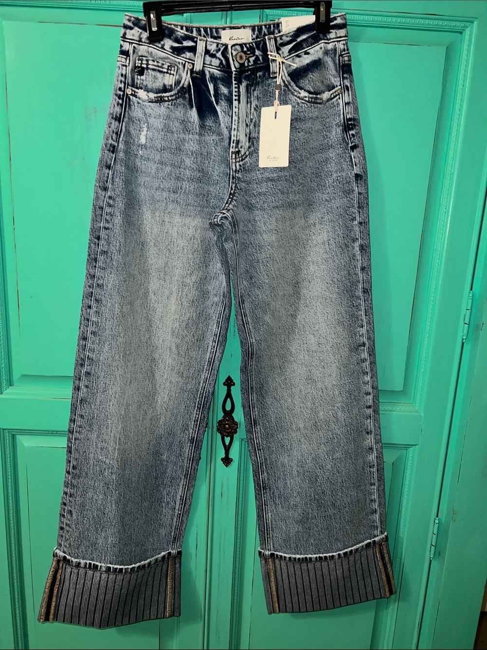 KanCan Light Blue High-Rise Wide Leg Cropped Jeans with Pleated Cuffs